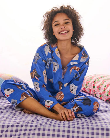 Dog Park Blue Flannelette Adult Long Sleeve PJ Set