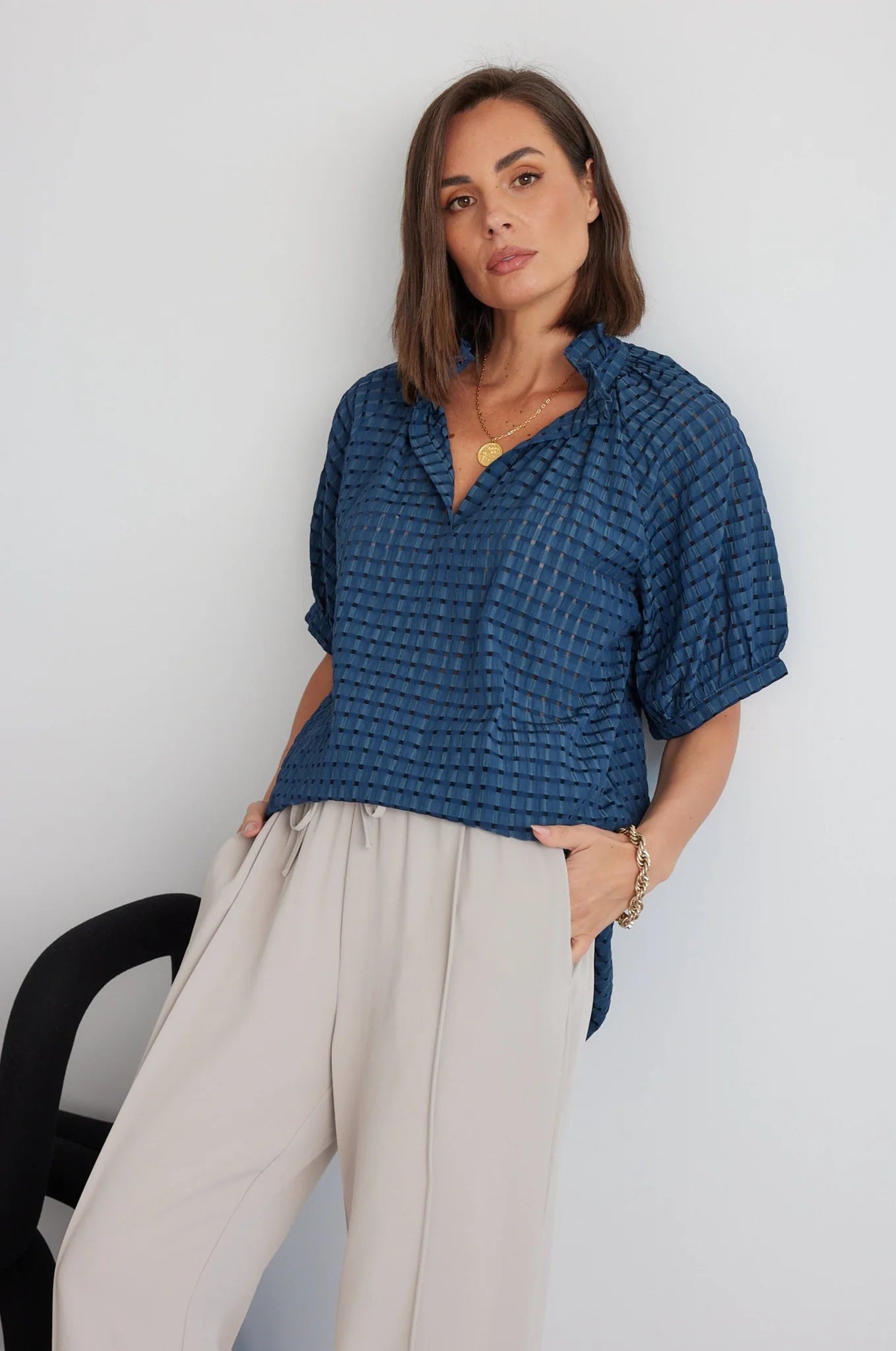Navy Cheque Pattern Presto Top - Chequer Navy – Ivory & Beech