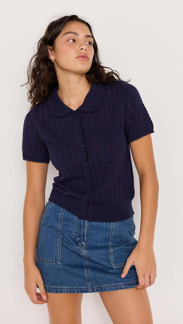 Lila Pointelle Knit Tee - Navy
