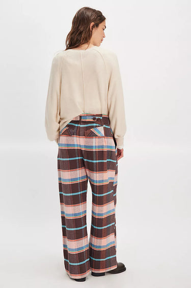 Buckle Back Plaid Trouser - Brown Combo